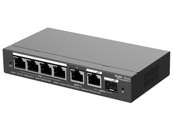 Switch Administrable Ruijie RG-ES206GS-P, 6 puertos Gigabit Ethernet, PoE, SFP, gestión gratuita desde la nube.