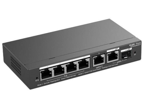 Switch Administrable Ruijie RG-ES206GS-P, 6 puertos Gigabit Ethernet, PoE, SFP, gestión gratuita desde la nube.