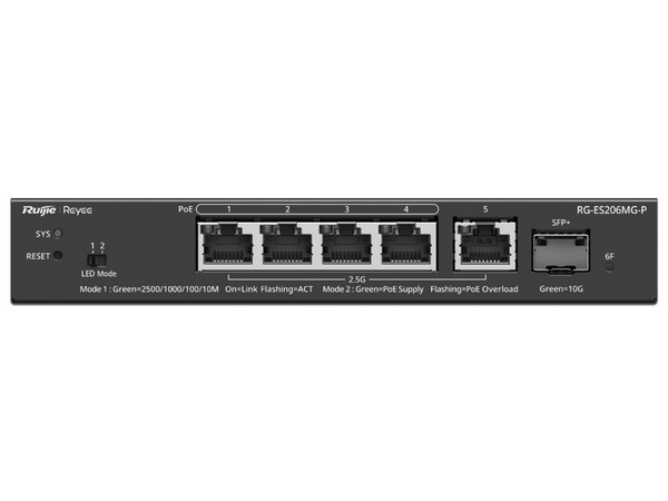 Switch Administrable RUIJIE RG-ES206MG-P, 5 Puertos RJ-45 10/100/1000 Mbps, 1 puerto SFP+. Color Negro.