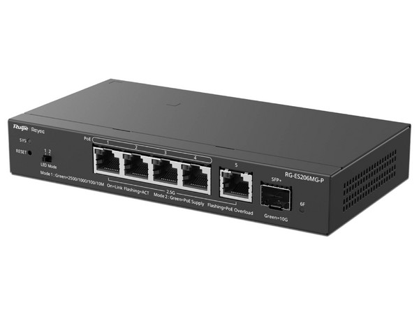 Switch Administrable RUIJIE RG-ES206MG-P, 5 Puertos RJ-45 10/100/1000 Mbps, 1 puerto SFP+. Color Negro.