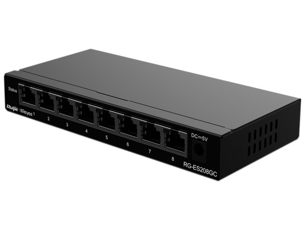 Switch Ruijie RG-ES208GC de 8 puertos Gigabit 10/100/1000, Color Negro.