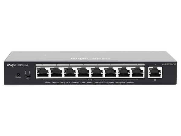 Switch Administrable Ruijie RG-ES209GC-P de 9 Puertos Gigabit Ethernet, 8 Puertos PoE+, Gestión gratuita desde la nube.