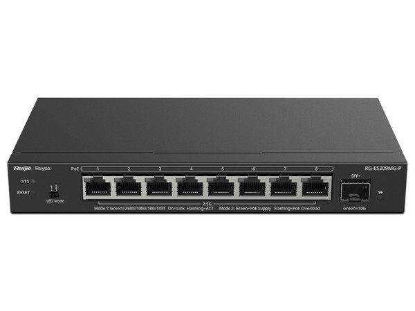 Switch Administrable RUIJIE RG-ES209MG-P, 8Puertos RJ-45 10/100/1000 Mbps, 1 puerto SFP+. Color Negro.
