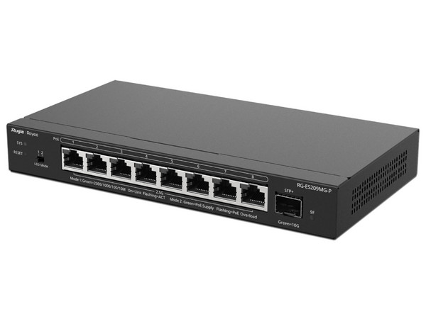 Switch Administrable RUIJIE RG-ES209MG-P, 8Puertos RJ-45 10/100/1000 Mbps, 1 puerto SFP+. Color Negro.
