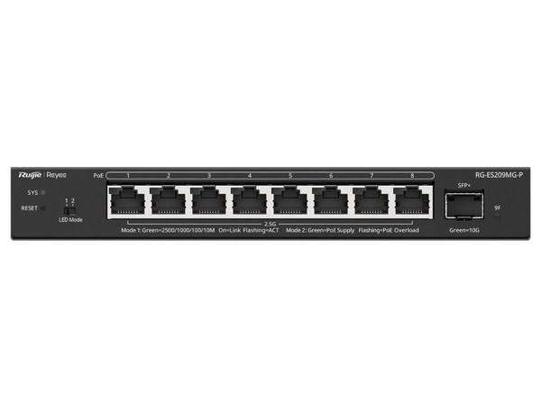 Switch Administrable RUIJIE RG-ES209MG-P, 8Puertos RJ-45 10/100/1000 Mbps, 1 puerto SFP+. Color Negro.
