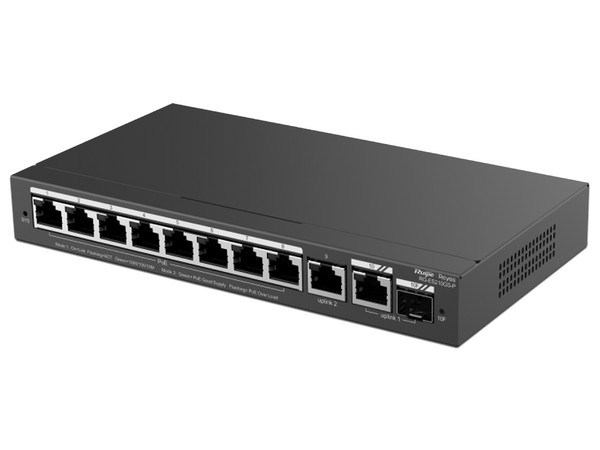 Switch Administrable Ruijie RG-ES210GS-P, 8 puertos Gigabit Ethernet, PoE, SFP, gestión gratuita desde la nube.