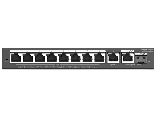 Switch Administrable Ruijie RG-ES210GS-P, 8 puertos Gigabit Ethernet, PoE, SFP, gestión gratuita desde la nube.