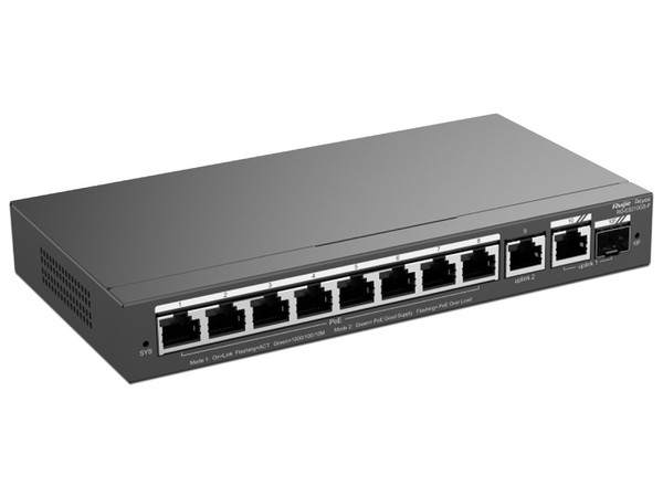 Switch Administrable Ruijie RG-ES210GS-P, 8 puertos Gigabit Ethernet, PoE, SFP, gestión gratuita desde la nube.