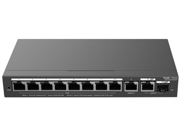 Switch Administrable Ruijie RG-ES210GS-P, 8 puertos Gigabit Ethernet, PoE, SFP, gestión gratuita desde la nube.