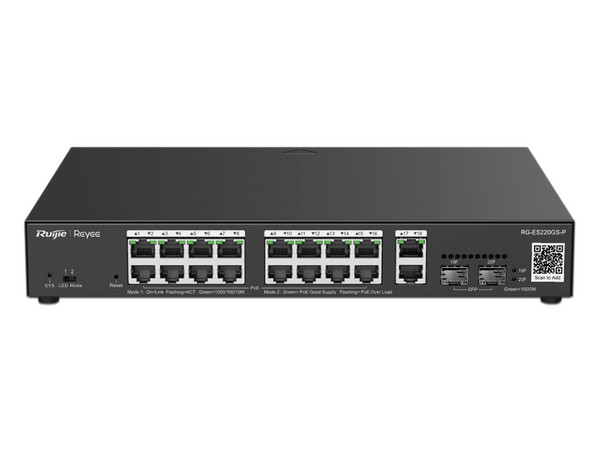 Switch Ruijie de 16 Puertos Gigabit 10/100/1000 Mb, 2 SFP para Fibra 1Gb, para Montaje en Rack.