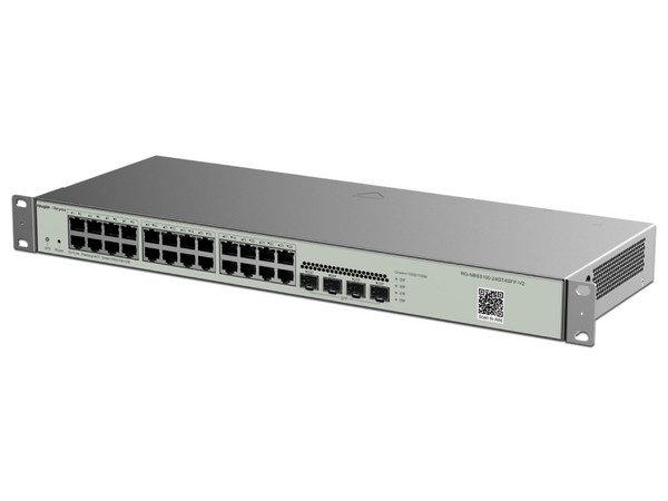 Switch Ruijie RG-NBS3100-24GT4SFP-V2 de 24 puertos 10/100/1000 BASE-T, 4 puertos SFP uplink, Protección contra Sobrecargas de 6KV.