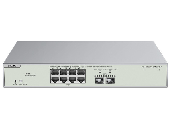 Switch Ruijie RG-NBS3300-8MG2XS-P de 8 puertos PoE+ 10/100/1000/2500BASE-T, 2 puertos SFP+, Administración por la Nube, Diseñado para Access Points Wi-Fi 6 y 7.