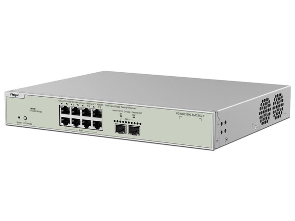 Switch Ruijie RG-NBS3300-8MG2XS-P de 8 puertos PoE+ 10/100/1000/2500BASE-T, 2 puertos SFP+, Administración por la Nube, Diseñado para Access Points Wi-Fi 6 y 7.