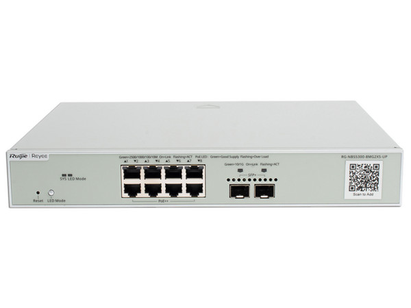 Switch Ruijie RG-NBS5300-8MG2XS-UP de 8 puertos RJ45 2.5G PoE y 2 puertos SFP+, Gestión en la nube Multi-Gigabit capa 3, PoE 370W.