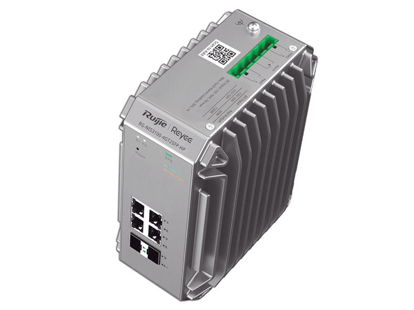 Switch Industrial Ruijie, Ideal para temperaturas extremas y protección contra descargas, 4 Puertos Gigabit PoE 802.3 af/at, 2 puertos SFP administrable.