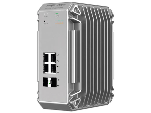 Switch Industrial Ruijie, Ideal para temperaturas extremas y protección contra descargas, 4 Puertos Gigabit PoE 802.3 af/at, 2 puertos SFP administrable.