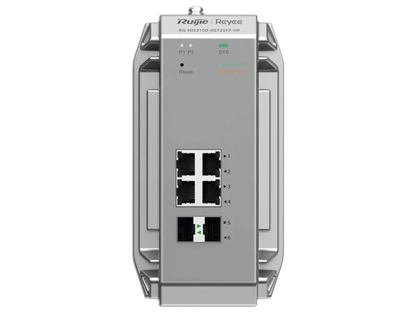 Switch Industrial Ruijie, Ideal para temperaturas extremas y protección contra descargas, 4 Puertos Gigabit PoE 802.3 af/at, 2 puertos SFP administrable.