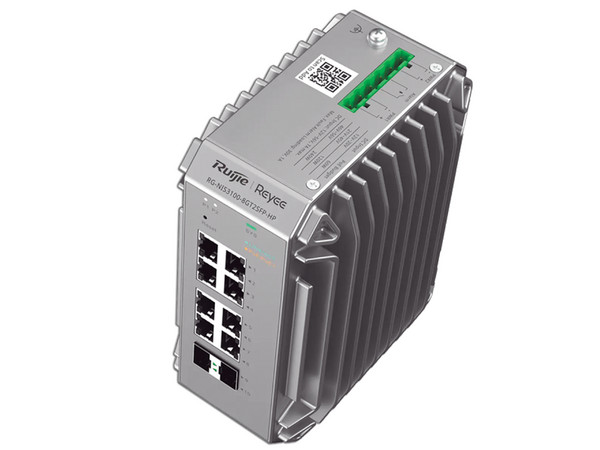 Switch Industrial PoE Ruijie, Ideal para temperaturas Extremas y protección contra descargas, 8 puertos Gigabit PoE 802.3af/at, 2 SFP para fibra 1Gb, gestión gratuita desde la nube, 125w.
