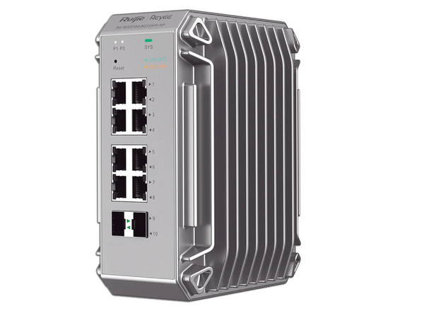 Switch Industrial PoE Ruijie, Ideal para temperaturas Extremas y protección contra descargas, 8 puertos Gigabit PoE 802.3af/at, 2 SFP para fibra 1Gb, gestión gratuita desde la nube, 125w.