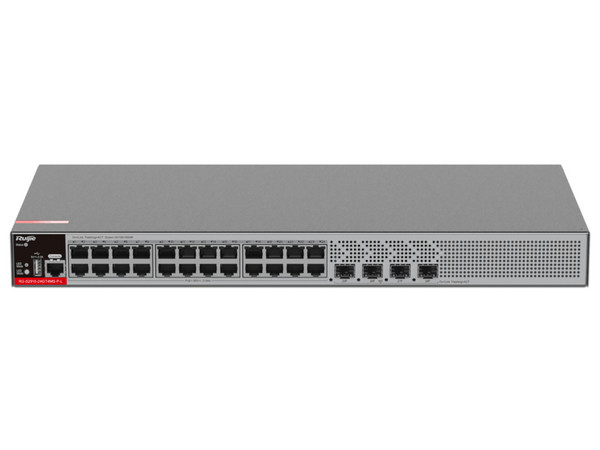 Switch Empresarial Ruijie RG-S2915-24GT4MS-P-L de 24 Puertos PoE/PoE+ 10/100/1000BASE-T, 4 Puertos 1GE/2.5GE SFP, Protección Eléctrica de 10KW, 370W.