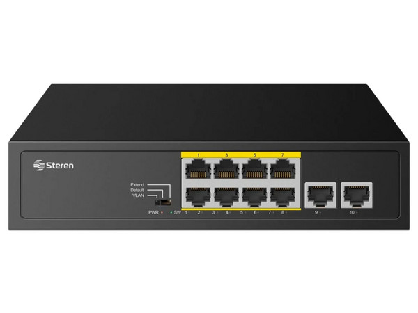 Switch Ethernet Steren 8 Puertos PoE + 2 Uplink, 10/100 Mbps, 2 Gbps de Ancho de Banda, Alimentación 120W.