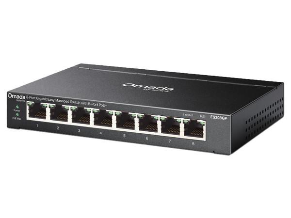 Switch TP-Link Omada ES208GP de 8 puertos 10/100/1000Mbps PoE+, Administrable, 64W. Color Negro.