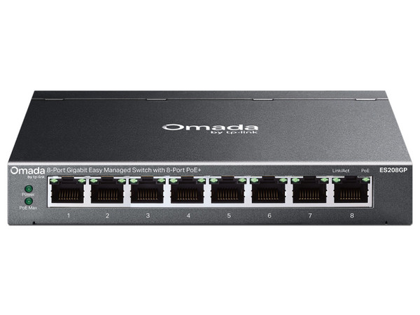 Switch TP-Link Omada ES208GP de 8 puertos 10/100/1000Mbps PoE+, Administrable, 64W. Color Negro.