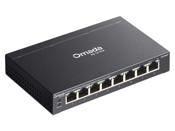 Switch TP-Link Omada ES208GP de 8 puertos 10/100/1000Mbps PoE+, Administrable, 64W. Color Negro.