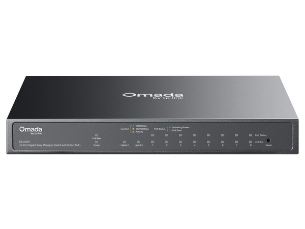 Switch TP-Link Omada ES210GP, 9 puertos 10/100/1000Mbps PoE+, 1 Puerto Gigabit SFP, Administrable, 63W. Color Negro.