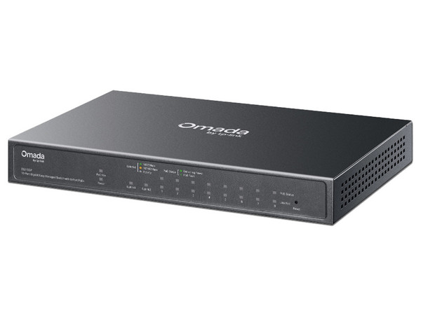 Switch TP-Link Omada ES210GP, 9 puertos 10/100/1000Mbps PoE+, 1 Puerto Gigabit SFP, Administrable, 63W. Color Negro.