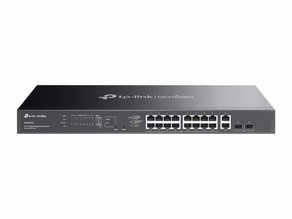 Switch TP-Link Omada ES220GMP de 16 Puertos 10/100/1000Mbps 16Gbit/s, 2 Puertos RJ45, 2 Puertos SFP, Color Negro.