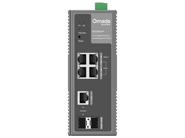Switch TP-Link Omada IES206GPP, 1 Puerto RJ45 PoE++, 3 Puertos RJ45 PoE+, 10/100/1000 Mbps, 1 Ranura Gigabit SFP/RJ45. Color Gris.
