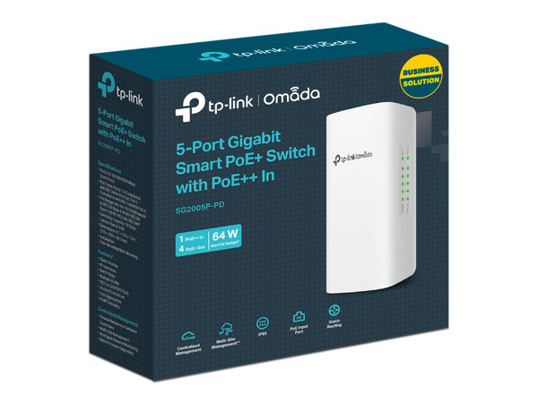 Switch TP-Link Omada SG2005P-PD de 1 puerto Gigabit Ethernet PoE++ In y 4 puertos Gigabit Ethernet PoE+ Out.