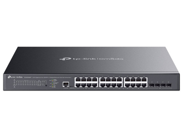 Switch Gigabit TP-Link Omada SG3428XMPP de 24 puertos PoE 2.5Gbps, 4 puertos SFP+ 10Gbps, Administrable L2+, para montaje en rack.
