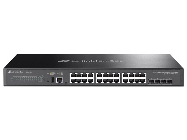 Switch TP-LINK SG5428X de 24 puertos 10/100/1000Mbps, 4 Ranuras SFP+ de 10Gbps, Administrable L3, Para Montaje en Rack, Color Negro.