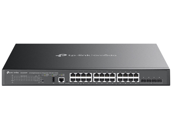 Switch TP-LINK SG5428XMPP de 24 puertos 10/100/1000Mbps (8 PoE++, 16 PoE+), 4 Ranuras SFP+ de 10Gbps, 1 USB 2.0, 1 Puerto RJ-45 de Consola, Administrable Lite L3, Para Montaje en Rack, Color Negro.