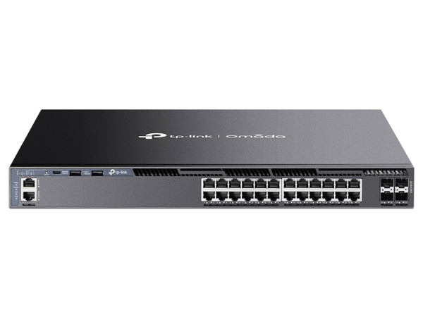 Switch Omada SG6428X L3 SDN Administrable, 24 puertos Gigabit, 4 puertos SFP+, Funciones RIP, VVRP, Servidor DHCP, Administración centralizada OMADA, Fuente Redundante, 4 Ventiladores Fijos, Capacidad de Conmutación 128 Gbps, Color Negro.