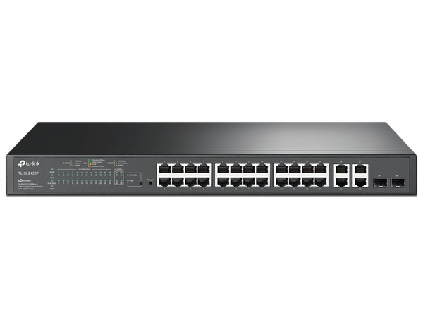 Switch Administrable TP-Link SL2428P TL-SL2428P, 24 Puertos RJ45 PoE AF/AT 10/100 Mbps, 2 Giga Combo RJ45/SFP, Potencia Total 250W, Ideal para Rack, Uso Interior, Gestión Centralizada con Omada.