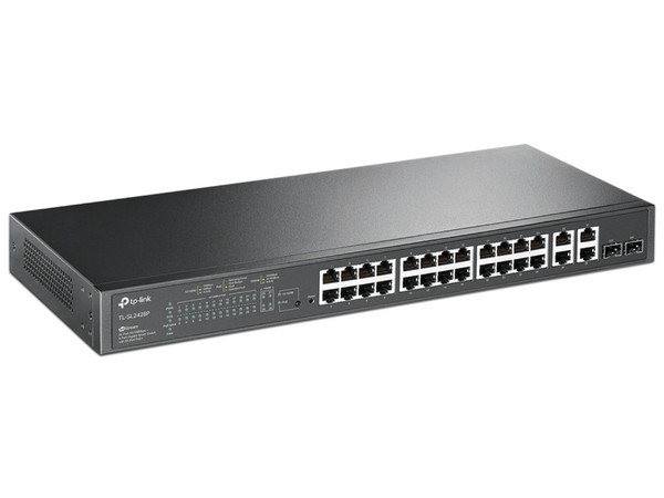 Switch Administrable TP-Link SL2428P TL-SL2428P, 24 Puertos RJ45 PoE AF/AT 10/100 Mbps, 2 Giga Combo RJ45/SFP, Potencia Total 250W, Ideal para Rack, Uso Interior, Gestión Centralizada con Omada.