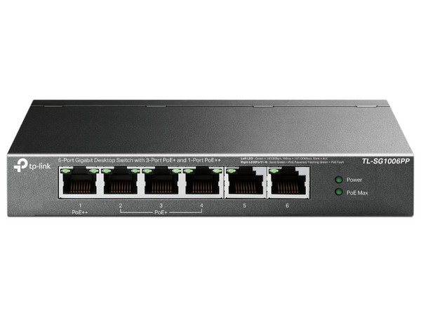 Switch Gigabit TP-Link TL-SG1006PP de 6 Puertos, 3 PoE+, 1 PoE++, 10/100/1000 Mbps, Montaje en Rack, Sin Ventilador.