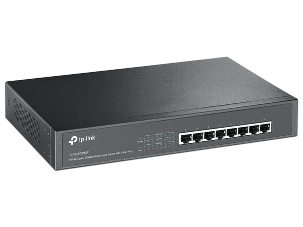 Switch TP-Link TL-SG1008MP de 8 puertos 10/100/1000 Mbps PoE+, para montaje en Rack.