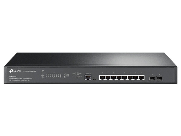 Switch administrado TP-Link TL-SG3210XHP-M2, de 8 puertos 2.5G BASE-T PoE+ y 2 puertos 10GE SFP+.