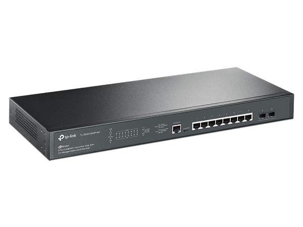 Switch administrado TP-Link TL-SG3210XHP-M2, de 8 puertos 2.5G BASE-T PoE+ y 2 puertos 10GE SFP+.