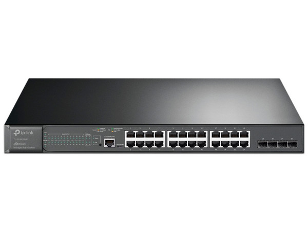 Switch Gigabit TP-LINK TL-SG3428MP de 24 puertos RJ-45 10/100 Mbps y 4 puertos SFP RJ-45 10/100/1000 Mbps.
