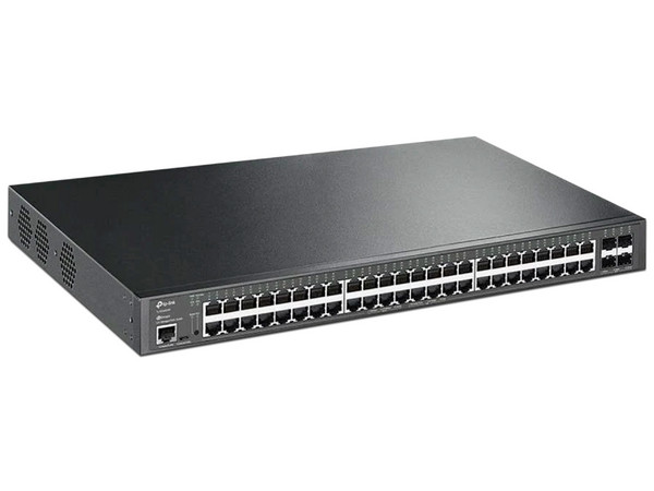 Switch Administrado TP-Link TL-SG3452XP de 48 puertos 10/100/1000 Mbps RJ45 PoE, 4 puertos SFP, 1 puerto de consola RJ-45 y 1 puerto de consola MicroUSB.