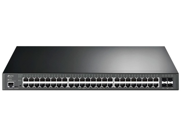 Switch Administrado TP-Link TL-SG3452XP de 48 puertos 10/100/1000 Mbps RJ45 PoE, 4 puertos SFP, 1 puerto de consola RJ-45 y 1 puerto de consola MicroUSB.