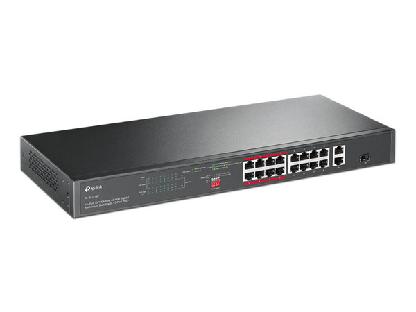 Switch TP-Link TL-SL1218P de 16 Puertos 10/100 Mbps, PoE+, para montaje en rack.