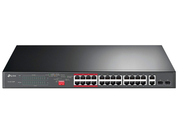 Switch Gigabit TP-LINK TL-SL1226P de 24 puertos PoE+ 10/100 Mbps y 2 puertos RJ-45 10/100/1000 Mbps.
