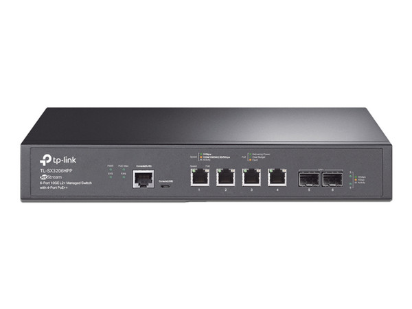 Switch Administrable TP-Link TL-SX3206HPP de 4 puertos 10GE PoE, 4 Puertos PoE+, 2 Puertos 10G SFP+.