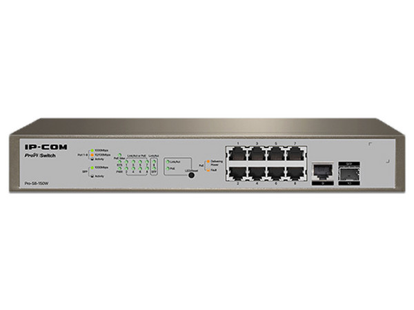 Switch Tenda PRO-S8-150W de 8 Puertos Ethernet Gigabit 10/100/1000 Mbps PoE, 1 Puerto RJ-45 Ethernet 10/100/1000, 1 Puerto SFP. Color gris.